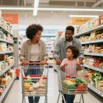 A family of three shops in a grocery store aisle. The parents push carts filled with vegetables, while the child stands in one cart. Shelves are stocked with bread, milk, and produce.