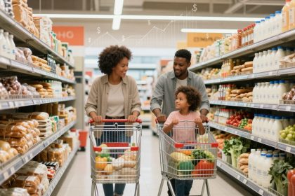 A family of three shops in a grocery store aisle. The parents push carts filled with vegetables, while the child stands in one cart. Shelves are stocked with bread, milk, and produce.