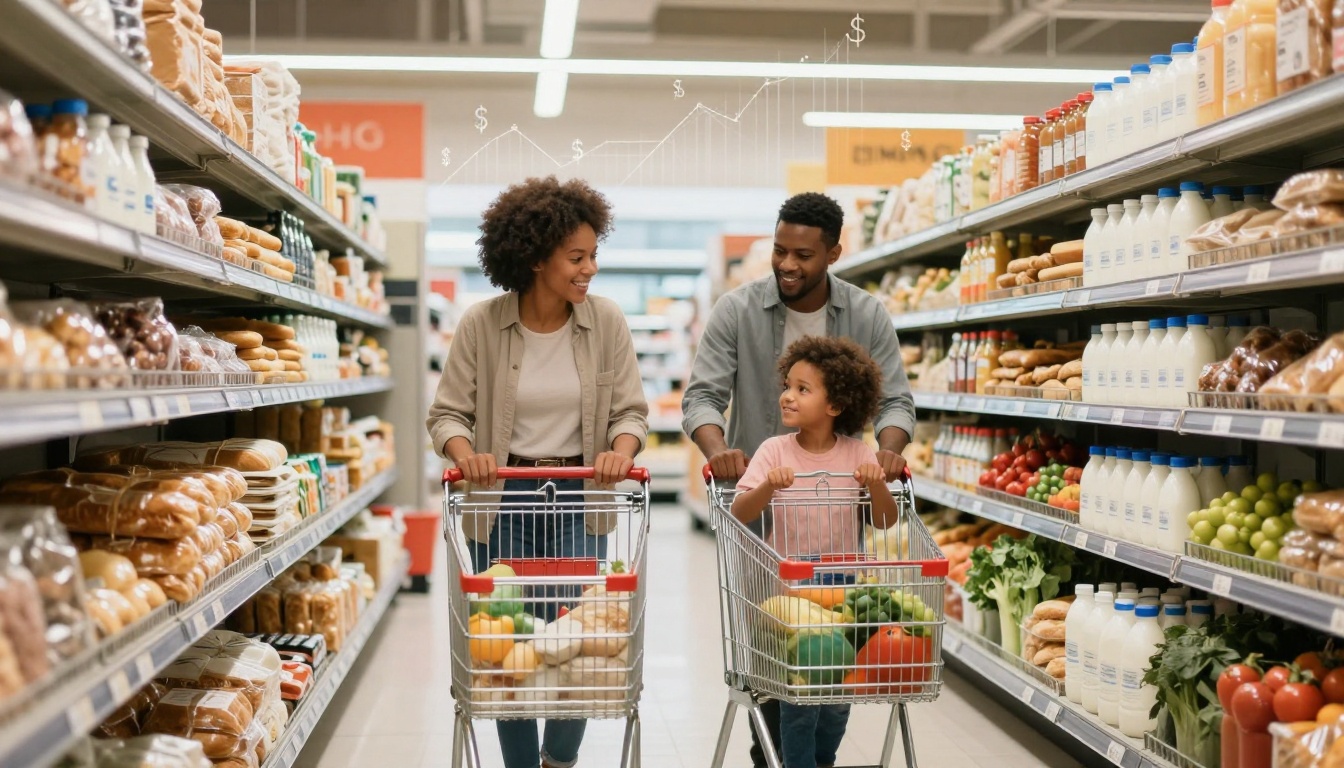 A family of three shops in a grocery store aisle. The parents push carts filled with vegetables, while the child stands in one cart. Shelves are stocked with bread, milk, and produce.