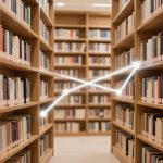 Library aisle with wooden bookshelves filled with colorful books. White arrows and dots form a zigzag pattern, suggesting direction or connection.
