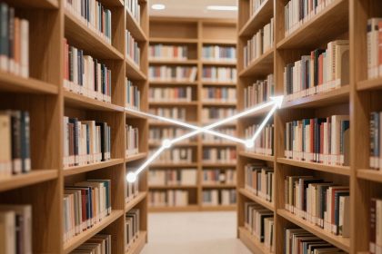 Library aisle with wooden bookshelves filled with colorful books. White arrows and dots form a zigzag pattern, suggesting direction or connection.