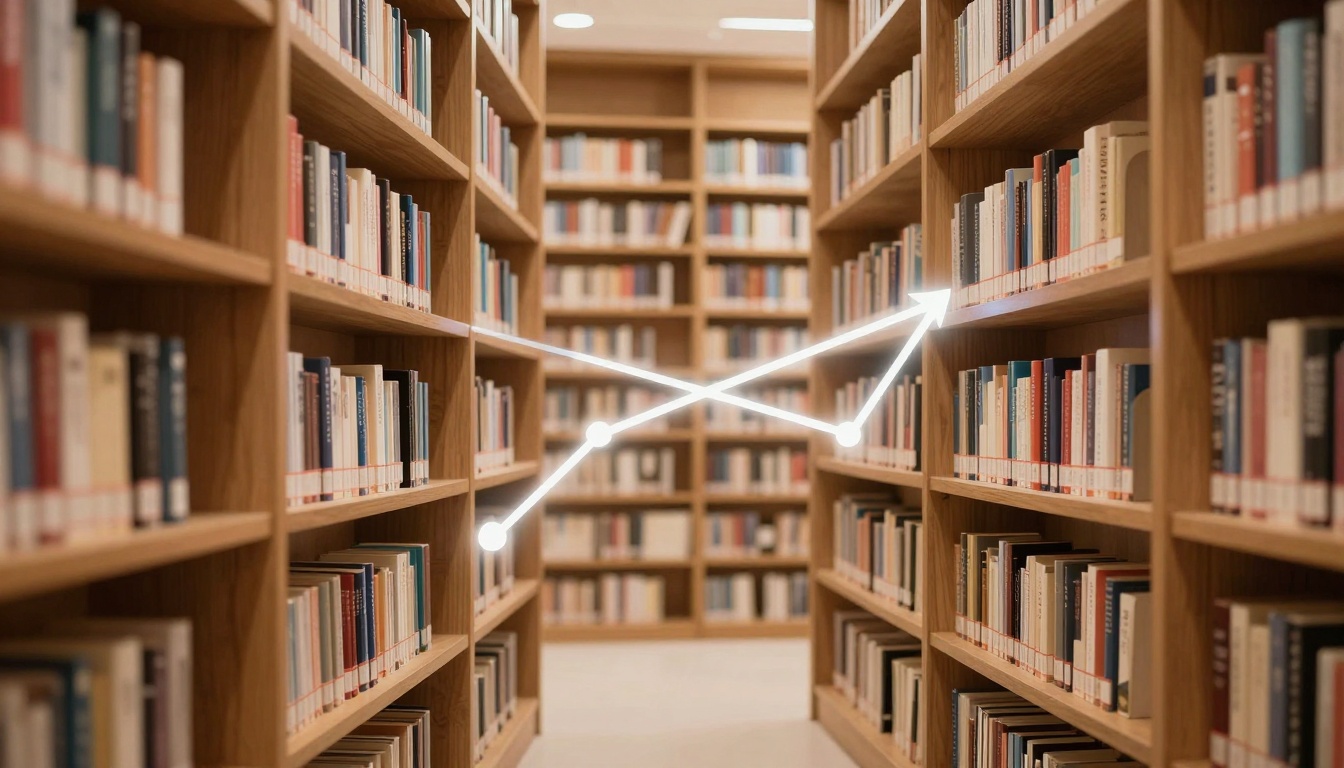 Library aisle with wooden bookshelves filled with colorful books. White arrows and dots form a zigzag pattern, suggesting direction or connection.