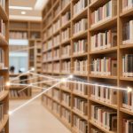 Library aisle with wooden shelves filled with colorful books. Glowing lines connect points across the shelves, suggesting a network or connection.