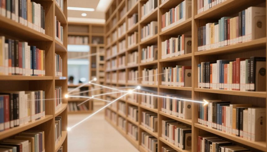 Library aisle with wooden shelves filled with colorful books. Glowing lines connect points across the shelves, suggesting a network or connection.