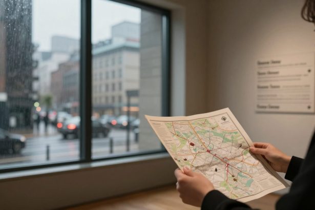 A person holds a detailed map indoors, near a large window showing a rainy city street with blurred cars and buildings.