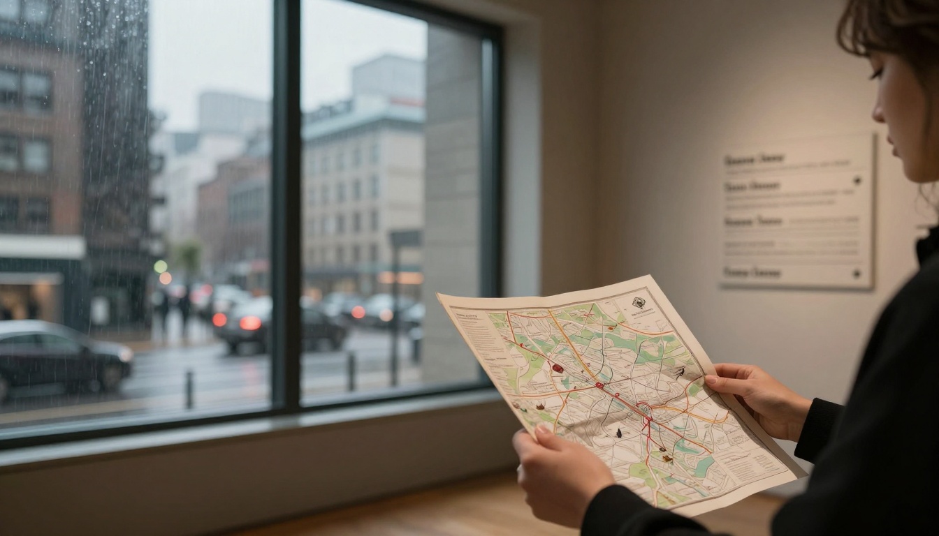 A person holds a detailed map indoors, near a large window showing a rainy city street with blurred cars and buildings.