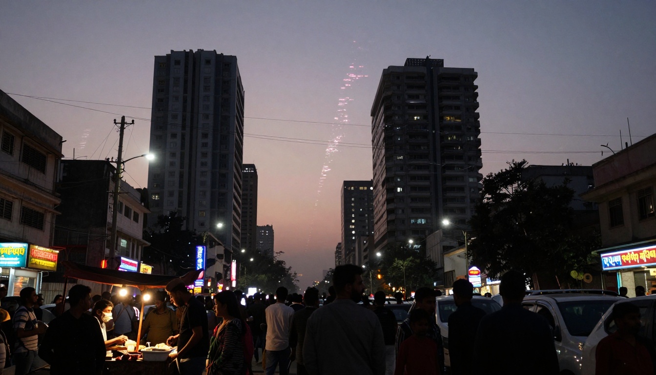 A busy street scene at dusk with people gathered around a food stall illuminated by bright lights. Tall buildings tower on either side, and fireworks are visible in the sky. Colorful shop signs line the street, and cars are parked along the road.