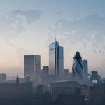 City skyline at dusk featuring the Big Ben clock tower and modern skyscrapers, including the Gherkin. A faint world map overlays the sky.