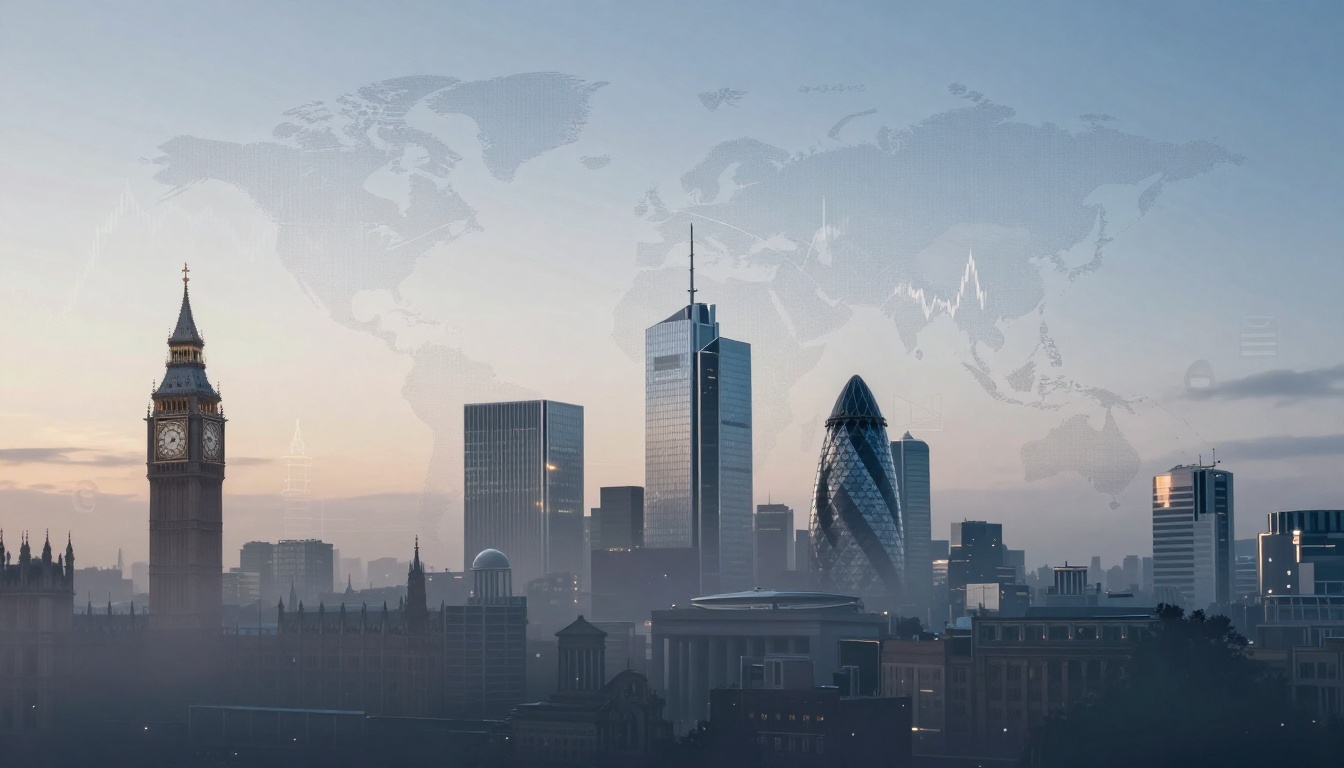 City skyline at dusk featuring the Big Ben clock tower and modern skyscrapers, including the Gherkin. A faint world map overlays the sky.