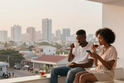 A man and woman sit on a balcony ledge, drinking tea. The woman checks her phone while the man looks at his cup. The city skyline is visible in the background.