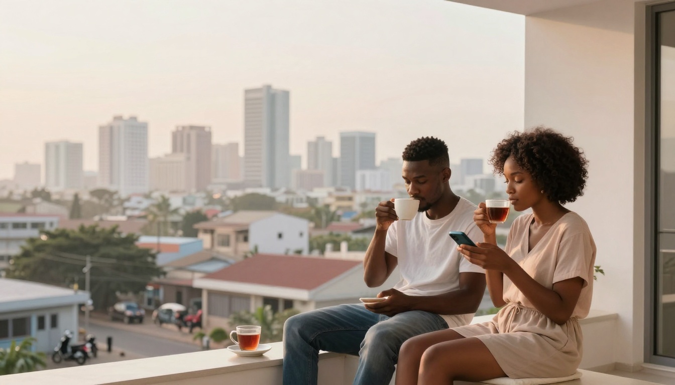A man and woman sit on a balcony ledge, drinking tea. The woman checks her phone while the man looks at his cup. The city skyline is visible in the background.
