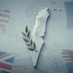 Map of Israel with olive branch overlay, surrounded by faded flags of the USA, UK, and EU. A hand reaches out on the right.