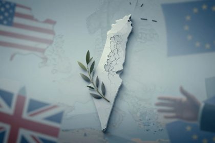 Map of Israel with olive branch overlay, surrounded by faded flags of the USA, UK, and EU. A hand reaches out on the right.