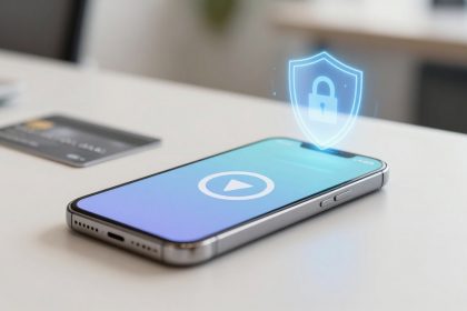 A smartphone displaying a play button icon on its screen is on a table. A digital shield with a padlock icon hovers above it, symbolizing security. A blurred credit card is in the background.