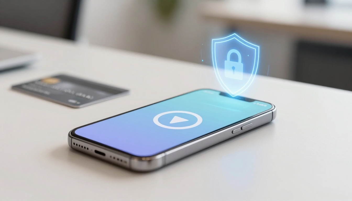 A smartphone displaying a play button icon on its screen is on a table. A digital shield with a padlock icon hovers above it, symbolizing security. A blurred credit card is in the background.
