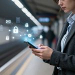A person in a gray coat uses a smartphone on a subway platform. Digital symbols like locks and documents hover above, representing data security.