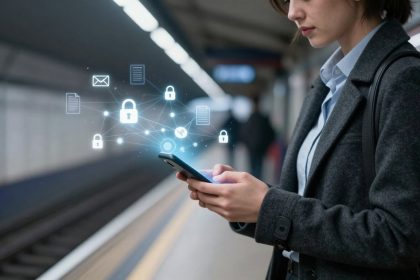 A person in a gray coat uses a smartphone on a subway platform. Digital symbols like locks and documents hover above, representing data security.