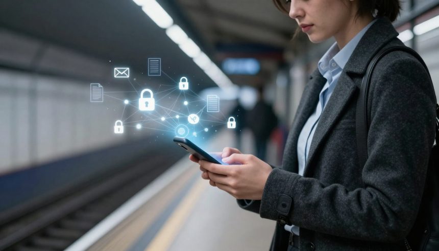 A person in a gray coat uses a smartphone on a subway platform. Digital symbols like locks and documents hover above, representing data security.
