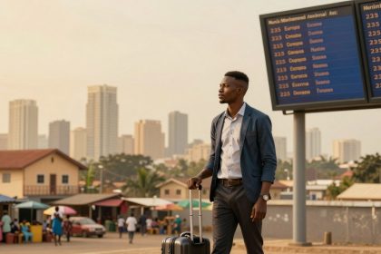 A man in a blue suit walks with a rolling suitcase in an urban setting. A digital signboard is visible, and skyscrapers are in the background.