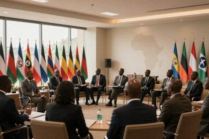 A group of men in suits sit in a semi-circle during a meeting, with multiple African and regional flags displayed behind them. A map of Africa is visible on the wall.