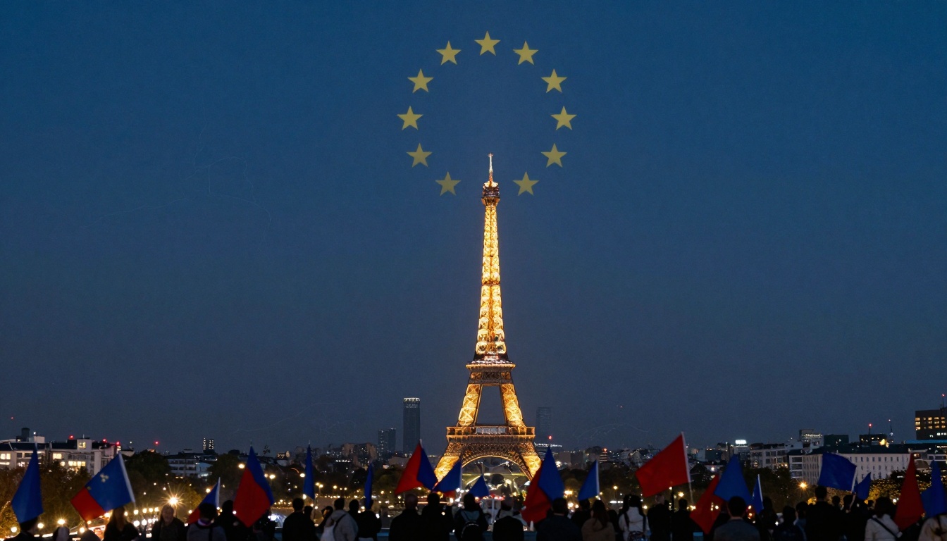 The Eiffel Tower illuminated at night, with a circle of yellow stars above it. People in the foreground hold red and blue flags.