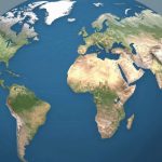 A 3D-rendered globe showing North and South America, Europe, Africa, and parts of Asia. Oceans are blue, landmasses are green and brown, with white ice caps.