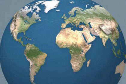 A 3D-rendered globe showing North and South America, Europe, Africa, and parts of Asia. Oceans are blue, landmasses are green and brown, with white ice caps.