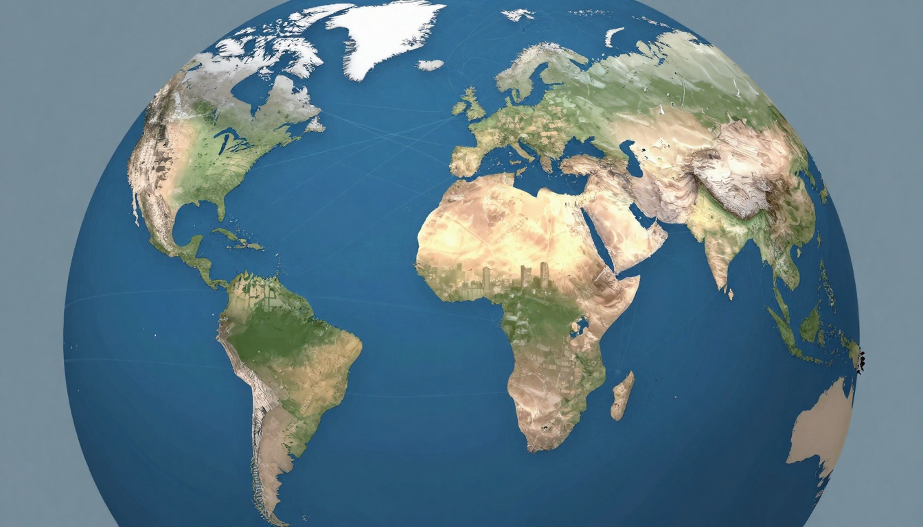 A 3D-rendered globe showing North and South America, Europe, Africa, and parts of Asia. Oceans are blue, landmasses are green and brown, with white ice caps.