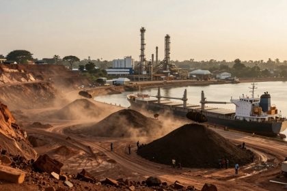 A docked cargo ship is being loaded with piles of red soil at an industrial port. In the background, there are large industrial structures and buildings. Heavy machinery and workers are visible near the soil piles, with a dusty atmosphere suggesting active loading operations. The scene is set beside a body of water under a clear sky.