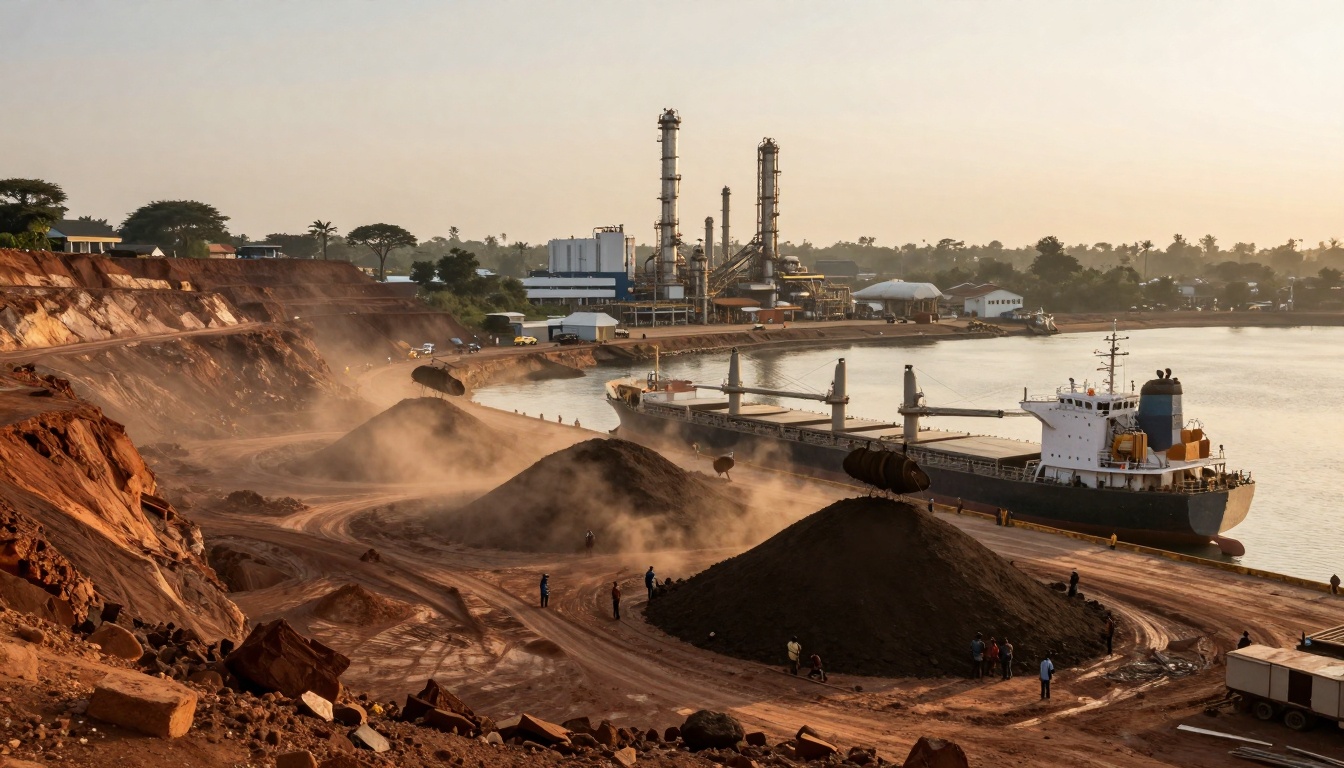 A docked cargo ship is being loaded with piles of red soil at an industrial port. In the background, there are large industrial structures and buildings. Heavy machinery and workers are visible near the soil piles, with a dusty atmosphere suggesting active loading operations. The scene is set beside a body of water under a clear sky.