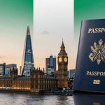 A blue passport with a gold emblem and text stands in the foreground. In the background, London's Houses of Parliament and Big Ben are visible at dusk, with the Shard towering nearby. The sky is a gradient of green to orange.