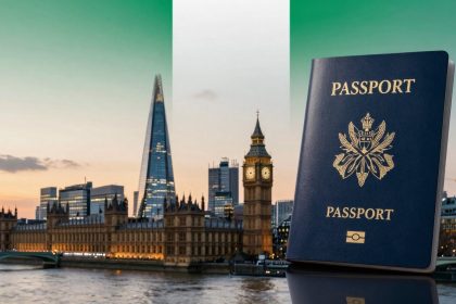 A blue passport with a gold emblem and text stands in the foreground. In the background, London's Houses of Parliament and Big Ben are visible at dusk, with the Shard towering nearby. The sky is a gradient of green to orange.