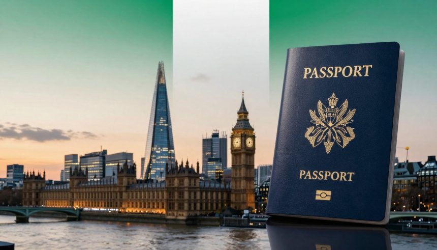 A blue passport with a gold emblem and text stands in the foreground. In the background, London's Houses of Parliament and Big Ben are visible at dusk, with the Shard towering nearby. The sky is a gradient of green to orange.