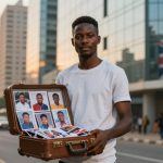 A man in a white shirt holds an open suitcase displaying passport photos. He stands on a city street with tall buildings and a Union Jack flag in the background.