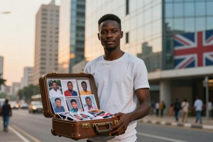 A man in a white shirt holds an open suitcase displaying passport photos. He stands on a city street with tall buildings and a Union Jack flag in the background.