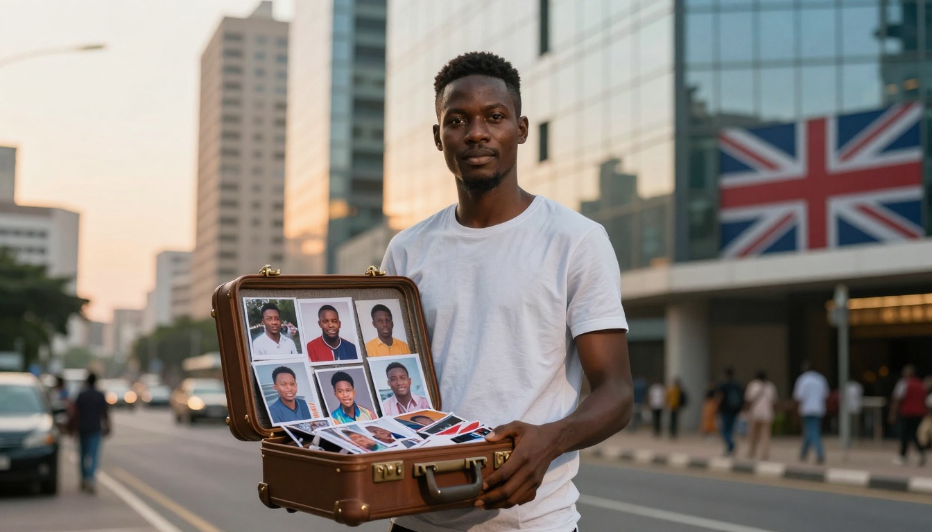 A man in a white shirt holds an open suitcase displaying passport photos. He stands on a city street with tall buildings and a Union Jack flag in the background.