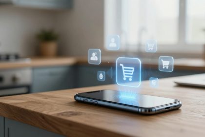 A smartphone on a wooden kitchen counter displays glowing holographic shopping cart icons, with blurred kitchen appliances in the background.
