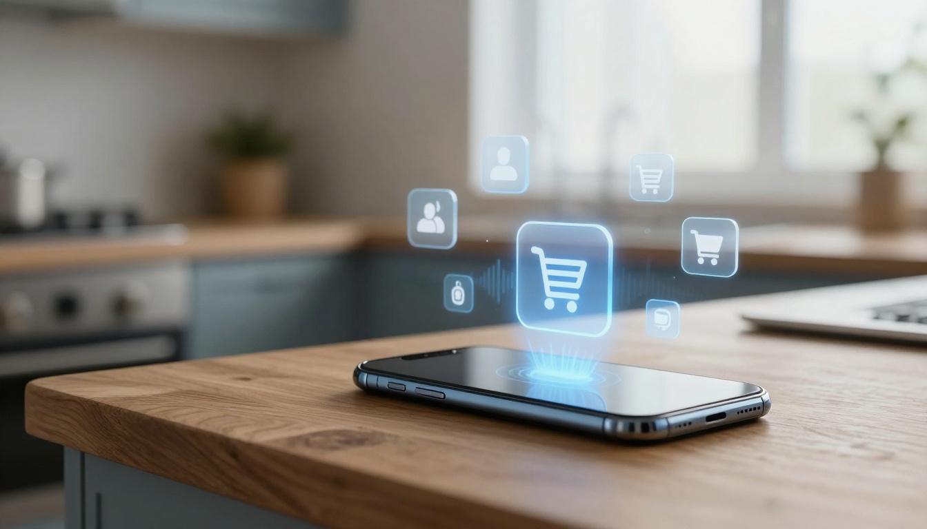 A smartphone on a wooden kitchen counter displays glowing holographic shopping cart icons, with blurred kitchen appliances in the background.