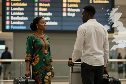 A man and woman stand facing each other in an airport. The woman wears a green patterned dress, holding a suitcase. The man in a white shirt holds a luggage cart. A flight information board is visible in the background.