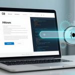 A laptop displays a website with code on one side and text on the other. A digital magnifying glass with a spider icon hovers over the code, symbolizing web crawling or security analysis. The background is blurred with a light blue hue.