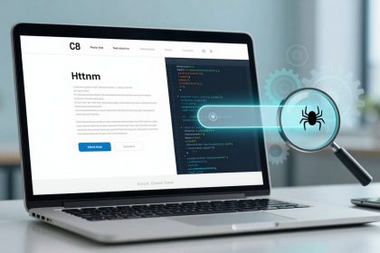 A laptop displays a website with code on one side and text on the other. A digital magnifying glass with a spider icon hovers over the code, symbolizing web crawling or security analysis. The background is blurred with a light blue hue.