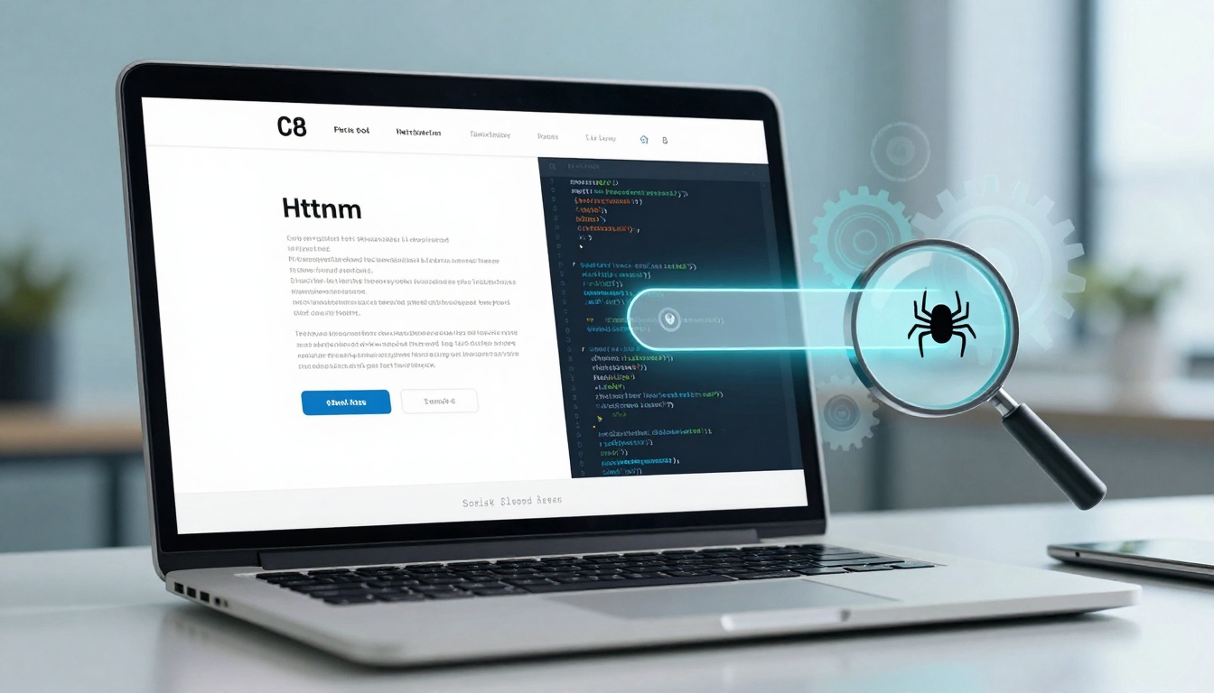 A laptop displays a website with code on one side and text on the other. A digital magnifying glass with a spider icon hovers over the code, symbolizing web crawling or security analysis. The background is blurred with a light blue hue.