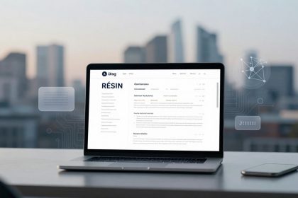 A laptop displaying a website named "Résin" is on a desk. The screen shows text and menu options. A smartphone lies next to the laptop. The blurred cityscape is visible in the background, with digital graphics overlayed, including a network diagram and binary code.