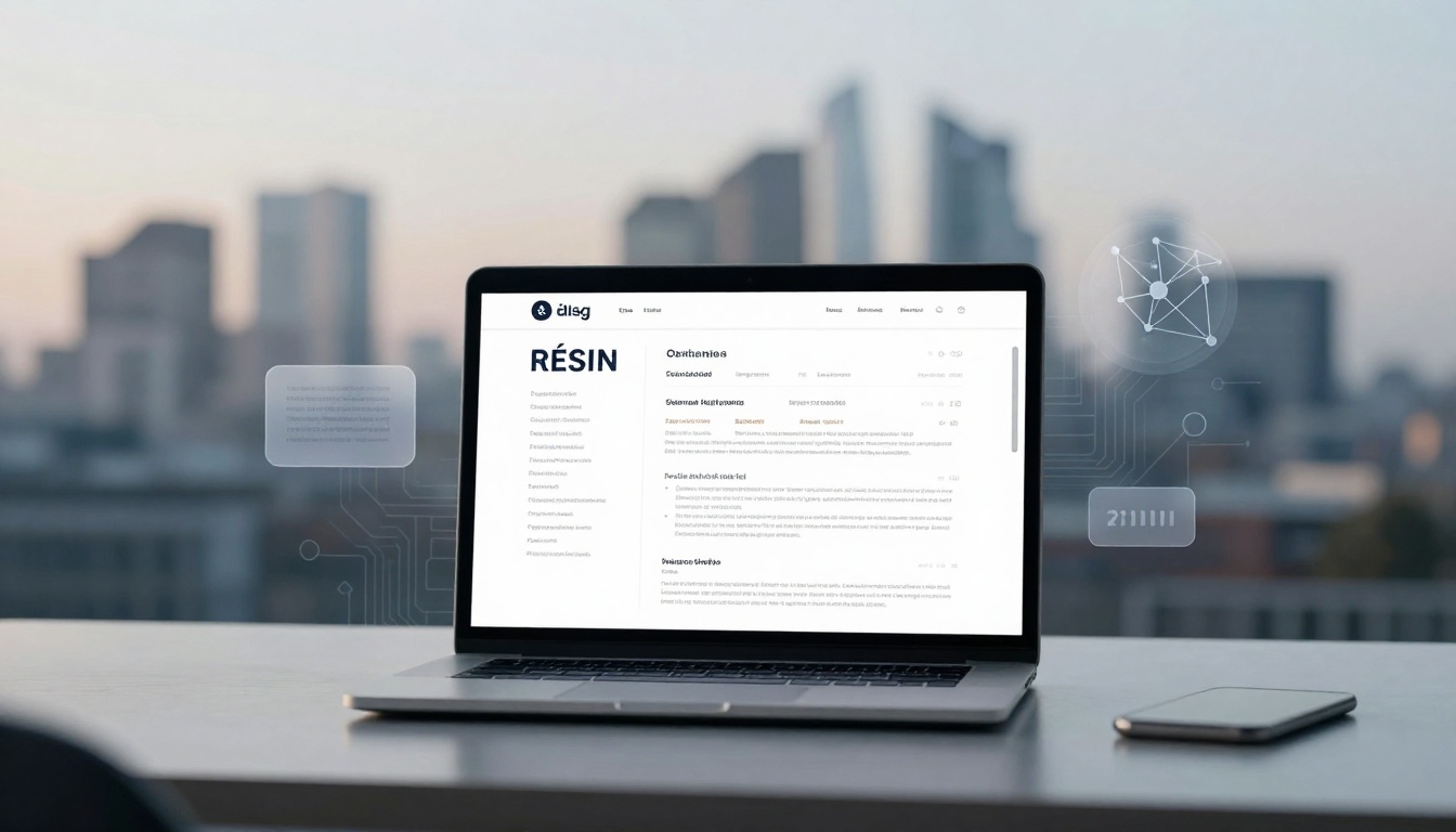 A laptop displaying a website named "Résin" is on a desk. The screen shows text and menu options. A smartphone lies next to the laptop. The blurred cityscape is visible in the background, with digital graphics overlayed, including a network diagram and binary code.