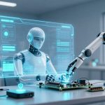 A humanoid robot interacts with a robotic arm assembling a circuit board in a modern lab. Holographic displays show data.