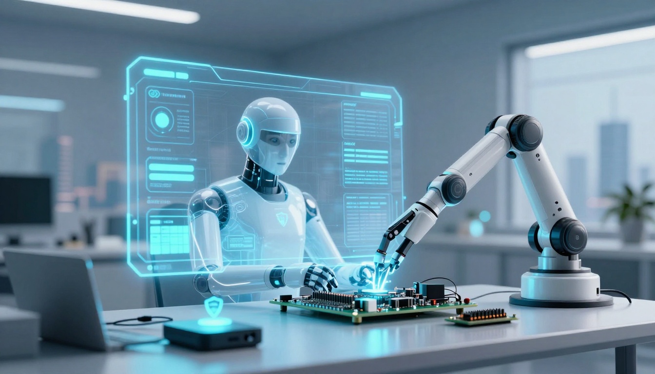 A humanoid robot interacts with a robotic arm assembling a circuit board in a modern lab. Holographic displays show data.