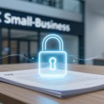 A digital lock graphic hovers over a stack of papers on a wooden table. The background shows a sign reading "UK Small-Business" in an office setting.