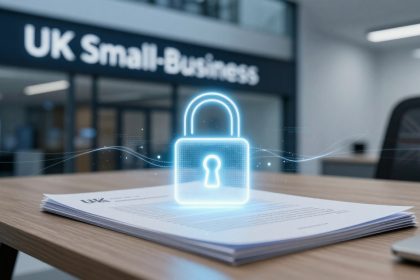 A digital lock graphic hovers over a stack of papers on a wooden table. The background shows a sign reading "UK Small-Business" in an office setting.