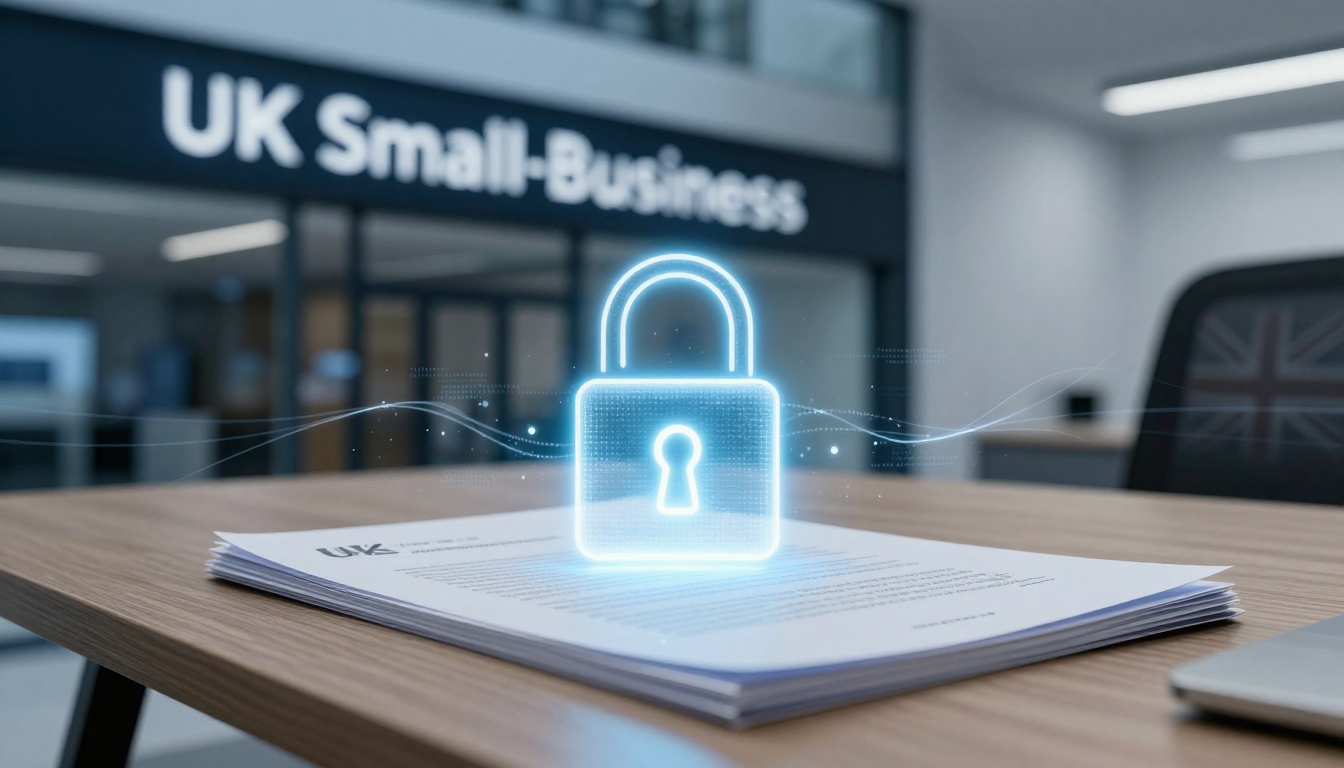 A digital lock graphic hovers over a stack of papers on a wooden table. The background shows a sign reading "UK Small-Business" in an office setting.