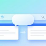 Two browser windows with blue headers on a gradient blue background. A speech bubble connects them, symbolizing data transfer or communication.